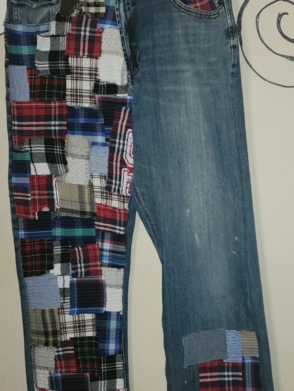 Flypaper Men's Patchwork Plaid Upcycled Straight-Leg Denim Jeans